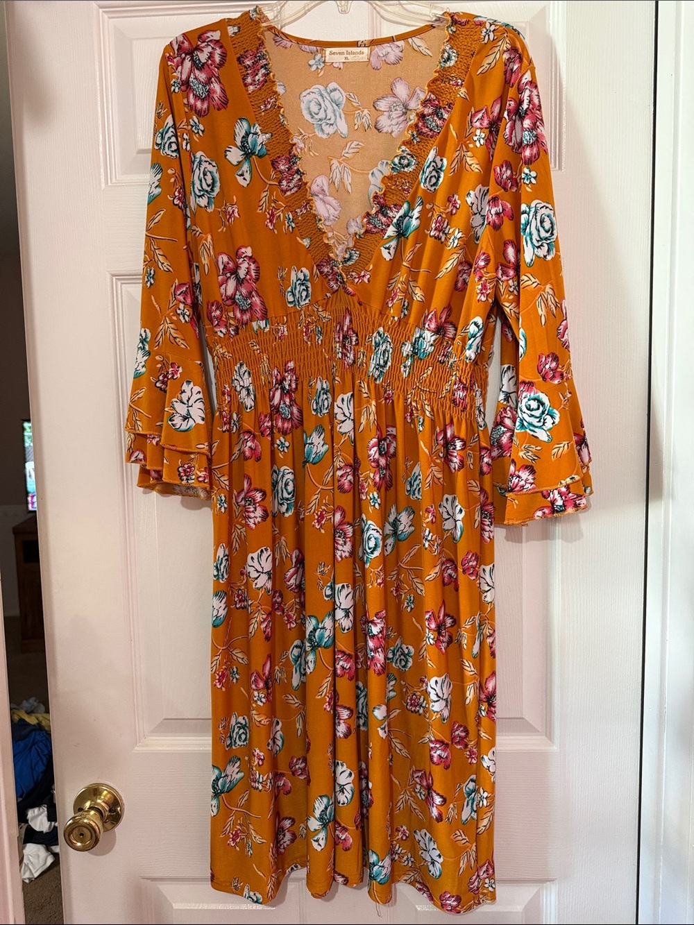 Floral V-Neck Smocked Waist Midi Dress in Mustard